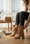 Madamore Beige Suede Gathered Blunt Toe (8 cm Heel Height) Daily Use Boots - 5