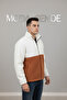 Men's Regular Fit Color Block Zip-Up Plush Jacket - White/Cinnamon - 2