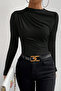Women's Black Long Sleeve Blouse with Drawstring Detail at Waist and Neck - 4
