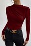 Women's Burgundy Long Sleeve Blouse with Gathered Detail at Waist and Neck - 4
