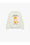Cotton Long Sleeve Crew Neck Cat Printed Fleece-Lined Sweatshirt