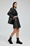 Black Buttoned Genuine Leather Skirt with Pockets - 2