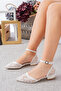 Esli̇m Pointed Toe Ankle Strap Lace Embroidered Heeled Ballet Flats