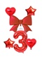 İstoç Red Color Heart Star Bow Number Foil Balloon Set Age 3