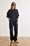 Women's Navy Blue Zippered Top with Stitching Detail on the Bottom Tracksuit Set Etkm-0000085 - 3