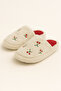 Women's Cream Cherry Embroidered Plush House Slippers 3 cm Byndfkb02 - 5