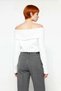 Women's Ecru Regular Fit Carmen Collar Feathered Beard Threaded Crop Knitwear Sweater Winter Season Elegance - 4