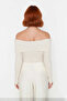 Women's Ecru Carmen Collar Fitted Crop Knit Sweater Stylish and Basic Design for Spring and Autumn - 4