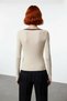Women's Pool Collar Ribbed Knit Sweater with Ribbon Bow Detail Complements Your Elegance with Its Slim Structure - 4