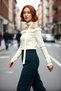Women's Carmen Collar Fitted Basic Acrylic Knitwear Long Sleeve Blouse with Rose Scarf Accessory, Stylish and Modern Style
