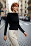 Women's Fitted Boat Neck Feather Detail Knitwear Sweater Long Sleeve Stylish Modern for Winter Outfits