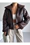 Women's Laminated Leather Fur Belt Detailed Luxury Quality Coat Bitter Brown - 2