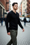 Men's Ecru Fitted Polo Neck Long Sleeve Slim Knit Sweater Basic Stylish Ideal for Everyday Outfits