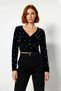 Women's Black Furry V-Neck Super Crop Embroidered Pearl Detailed Stylish Knitwear Sweater Winter Combination's Must-Have - 2