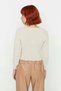 Women's Regular Fit Long Sleeve Crop Brown Heart Neck Ribbed Acrylic Knitwear Sweater Casual Chic - 4