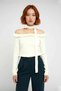Women's Carmen Collar Fitted Basic Acrylic Knitwear Long Sleeve Blouse with Rose Scarf Accessory, Stylish and Modern Style - 2