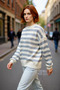 Women's Oversize Crew Neck Beige Gray Striped Acrylic Long Sleeve Knitwear Sweater Casual Chic Quality