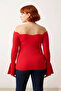 Women's Stylish Fitted Carmen Collar Ribbed Knit Sweater Solid Pattern Long Raglan Sleeve Bodycon Silhouette - 4
