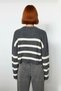 Women's Oversize Fit Gray Striped Crew Neck Crop Knit Sweater Long Low Sleeve Detail High Quality - 4