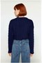 Women's Ecru Regular Fit Super Crop Hair Knit Crew Neck Long Sleeve Acrylic Knitwear Sweater Model - 4