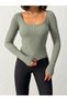 Women's Khaki U-Neck Lace Bow Long Sleeve Cotton Camisole Blouse - 3