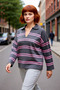 Women's Relaxed Fit Striped Polo Neck Acrylic Knit Sweater Offers Comfort in Winter Season Casual Elegance