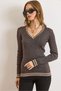 Women's Brown V-Neck Stripe Detailed Hair Knitwear Sweater Kzk-19001027