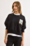 Women's Black Patch Smiling Face Detailed Bat Unlined Sweatshirt Swt-19000764 - 4