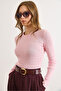 Women's Pink Crew Neck Hair Knit Basic Sweater Kzk-19001026 - 4