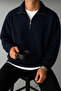 Navy Blue Stand Collar Plain Oversize Pullover Sweatshirt