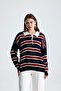 Striped Buttoned Polo Neck Women's Knit Sweater - 3