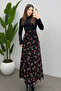Women's Red Leaf Printed Maxi Tulle Skirt with Back Elastic Detail and Zipper - 4