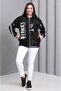 Women's Plus Size Black, 2 Thread Front Print Detail, Hooded Zippered Sweatshirt 65N39190 - 6