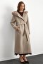 Fur Hooded Belted Long Coat Stone 3107 - 5