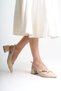 Bej Patent Leather Pointed Toe Buckle 4 cm Thick Heeled Women's Shoes - 2