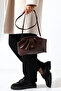 Brown Women's Medium Size Bohça Form Stylish Handbag with Gold Accessories and Crossbody Strap - 2