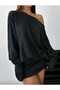 Women's Asymmetric Necklined Loose Dress with Draped Mini Dress