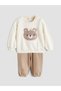 Beige Animal Figured Baby Girl Sweatshirt and Pants