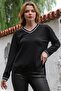 Black V-Neck Long Sleeve Slim Slit Knitwear Sweater 65 60
