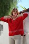 Red V-Neck Long Sleeve Slit Striped Knitwear Sweater 65 60 - 6