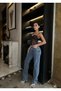 Women's High Waist Stone Detail Blue Palazzo Design Jean Trousers - 6