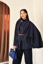 Women's Navy Blue Suede Belt and Collar Button Detailed Bat Sleeve Look Poncho - 3