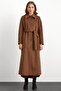Shirt Collar Waist-Tied Long Coat Tütün 3152