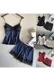 Satin Cami Top & Shorts Pajama Set with Lace Trim - One Size (Dark Blue) - 4