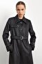 Shirt Collar Snap Fastener and Leather Detail Gabardine Suede Top Coat Black 6799 - 5