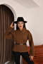 Brown Cashmere Double-Breasted Women's Jacket with Off-Shoulder and Belt Detail