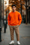 Men's Casual Basic Orange Loose Sweater - 4