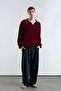 Gold Buttoned Contrast Striped Polo Neck Burgundy Sweater - 4