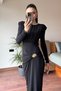 Black Long Sleeve Draped Padded Sun Dress – Brooch Accessory, Stylish Event and Evening Dress 7537 - 7