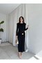 Black Long Sleeve Draped Padded Sun Dress – Brooch Accessory, Stylish Event and Evening Dress 7537 - 6